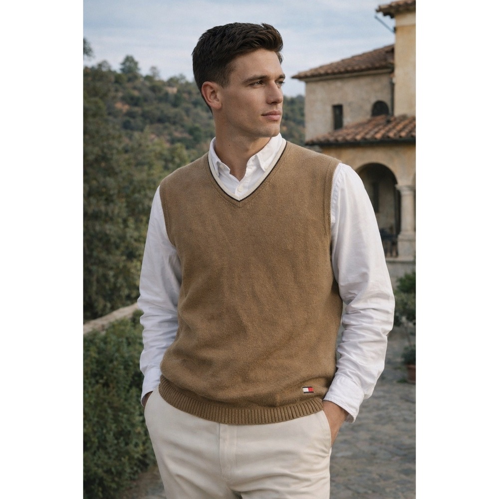 Tommy Hilfiger Sweater Vest‎ XL Tan Cotton V Neck Preppy Y2K Golf